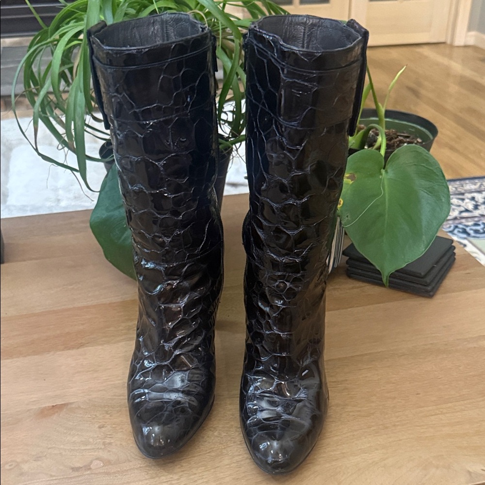 Stuart Weitzman Black Patent Croc-Embossed High Heel Boots - Picture 8 of 8